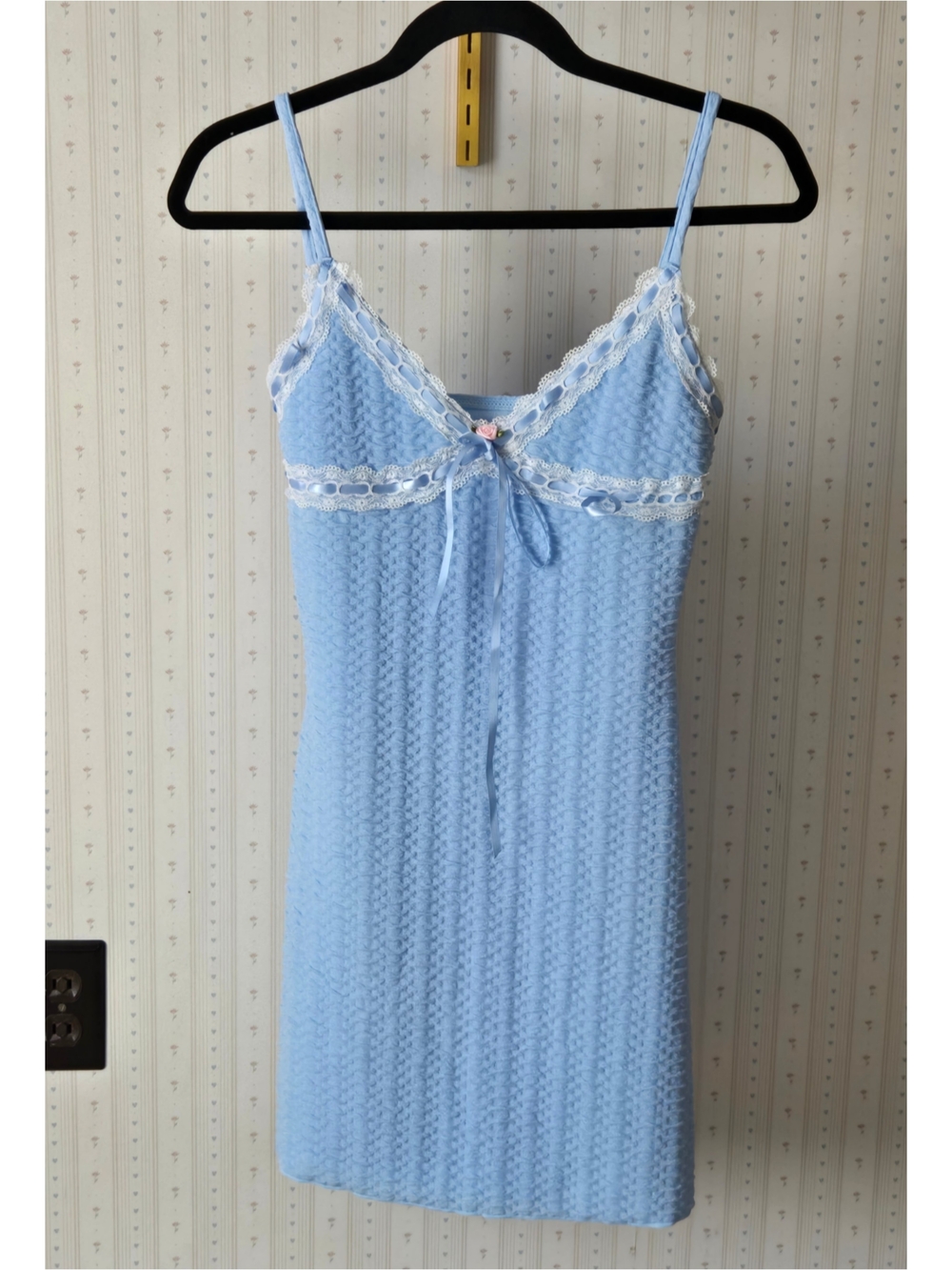 SHEIN Light Blue Lace-Trim Chemise with Front Tie